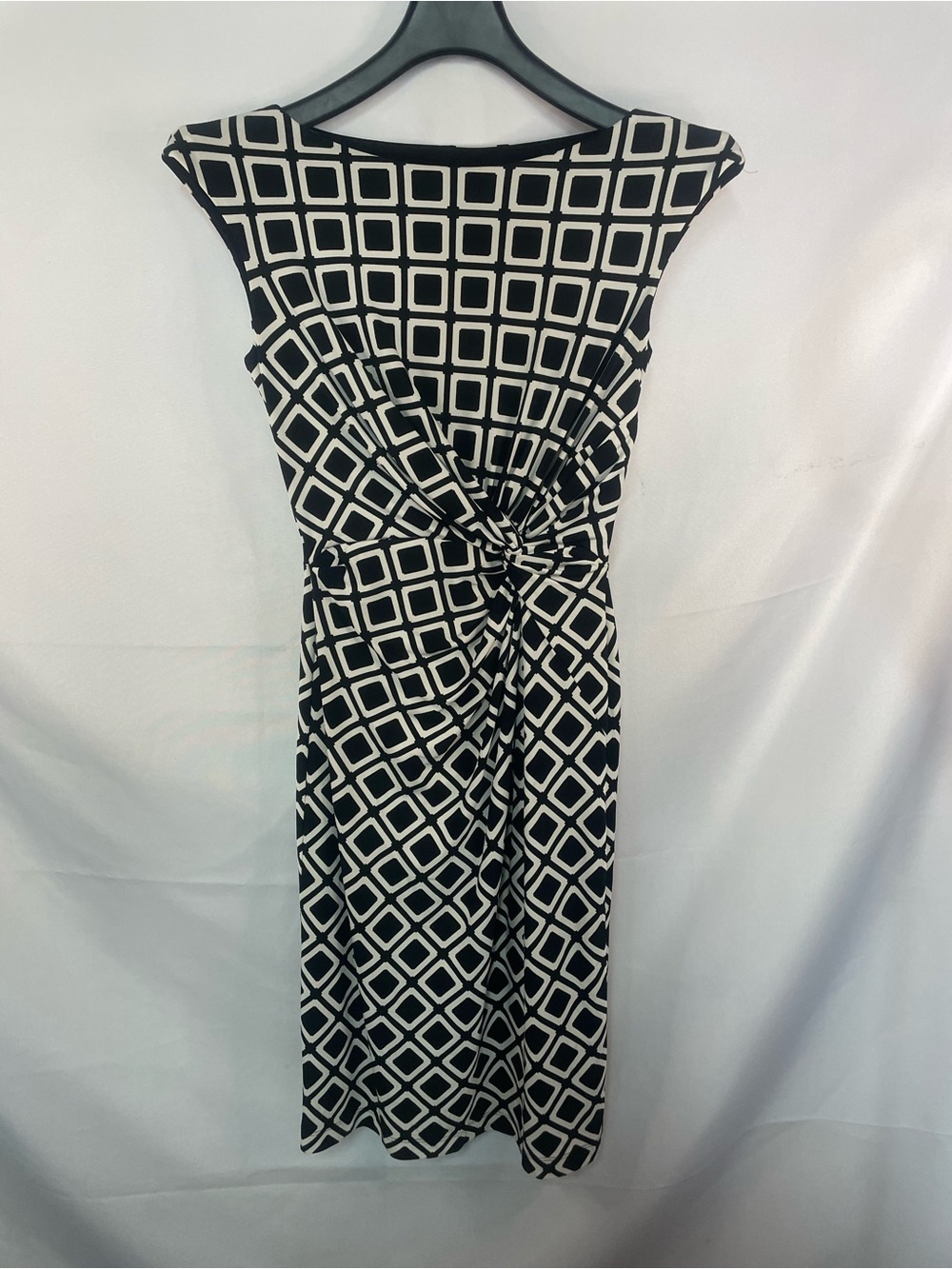 Lauren Ralph Lauren faux wrap black & white dress with a boat neck, neck line.